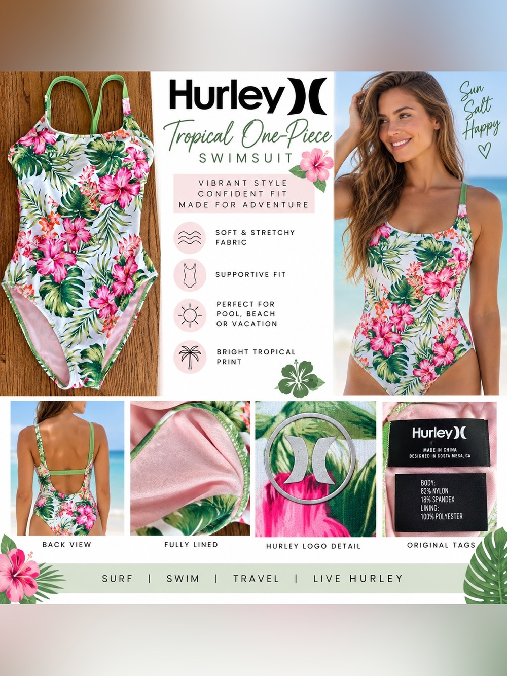 Hurley Floral Tropical One-Piece Swimsuit - Pink, Green & White
